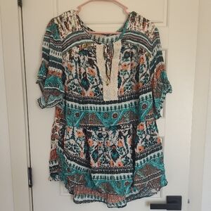 Bohemian Floral Print Blouse - Teal and Orange